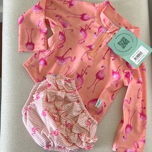 New Green Sprouts Iplay Flamingo baby Swimsuit rash guard ruffled bottoms 12 mo